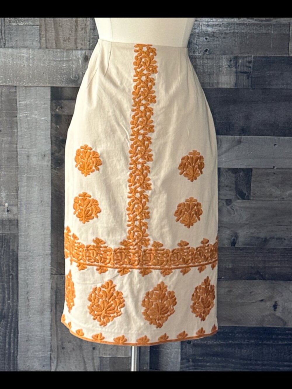 Anthropologie Cream Midi Skirt with Orange Embroidered Floral Motif